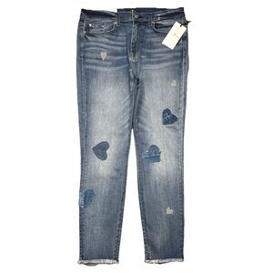 Seven for All Mankind High Waist Ankle Skinny Jeans 32 Blue Heart Patches Womens